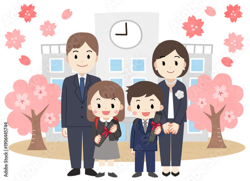 小学校の卒業式に行く父母と子供たちのイラスト