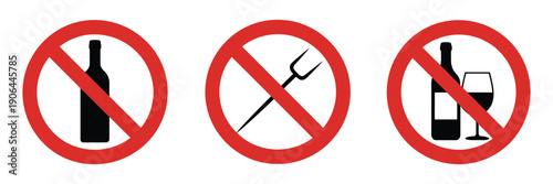Set of prohibition icons showing no smoking, no alcohol, no drugs, no toilet misuse, and no pills signs with red circle and slash