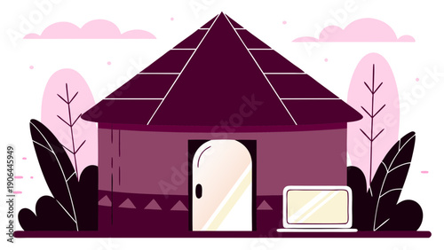 A modern laptop sits outside a cozy, minimalist hut surrounded by lush greenery and vibrant plants in a serene natural setting viewed from the front