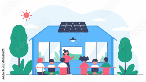 Teacher and students learning about solar energy at a blue house with solar panels vector illustration