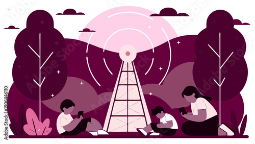 People using devices near a communication tower in a serene landscape with trees and hills