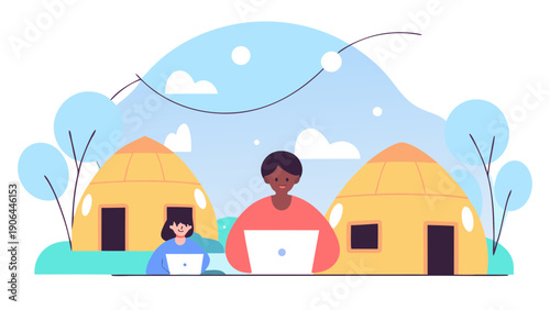 People working remotely from yurts illustration vector