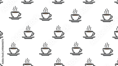 A simple and clean seamless pattern background of steaming hot coffee cups on saucers, presented in a minimalist line art style.