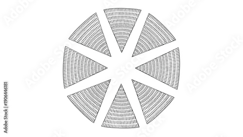 An abstract black and white circular design element composed of eight separated, textured triangular wedges creating a star shape.