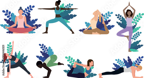 8種のヨガポーズをしている様々な人種の女性の素材セット　Women of diverse ethnicities Yoga Pose Set: 8 Poses