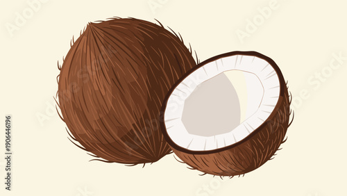 A detailed and realistic vector illustration of a whole hairy brown coconut next to a halved coconut showing the white flesh inside.