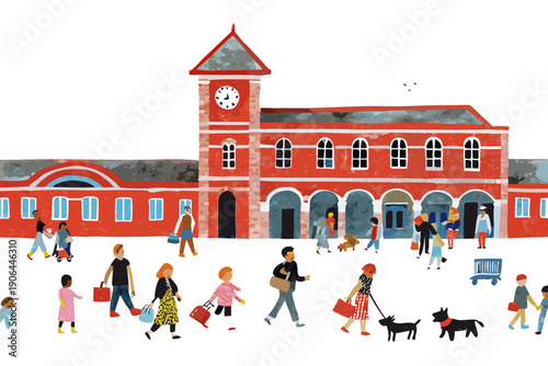 A colorful illustration depicts a bustling scene outside a red train station