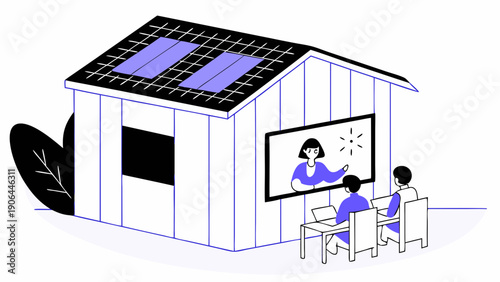Sustainable learning environment with solar panels on the roof, students and teacher inside an eco-friendly classroom with technology integration and modern architecture