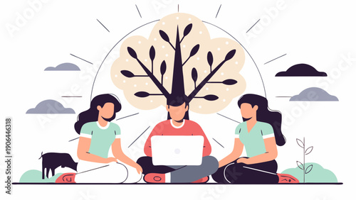 Three people collaborating outdoors with a laptop and tree silhouette in the background, showcasing teamwork and technology in a natural setting from a straightforward viewpoint.