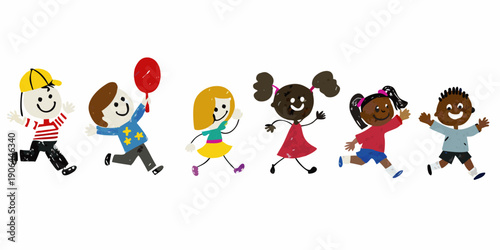 Diverse group of children cheerfully running and playing together
