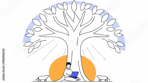 A serene illustration of a person meditating under a tree with sheep grazing peacefully around in a natural landscape from a distant viewpoint