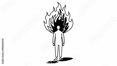 A lone figure engulfed in intense flames stands motionless, full-body illustration, stark contrast, monochromatic, centered viewpoint