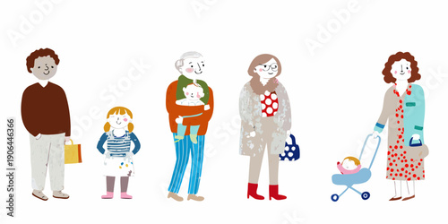 A diverse group of people including families are illustrated in a linear style