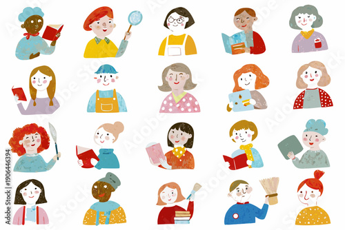 Diverse group of illustrated women with various professions and hairstyles