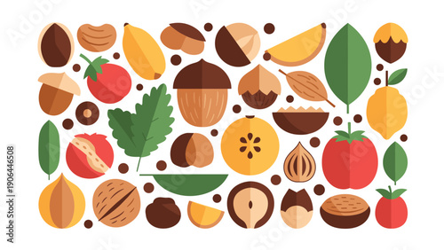 A large collection of colorful flat design icons of various nuts, seeds, and fruits, creating a healthy food pattern or background.
