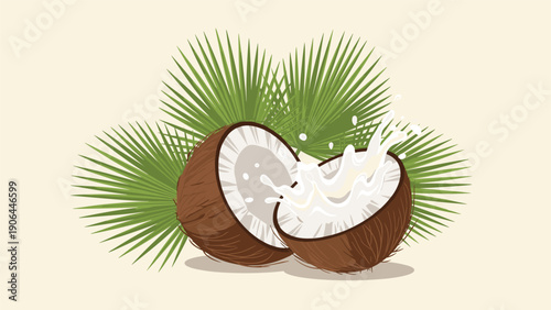 A dynamic vector illustration of a halved coconut splashing milk, set against a background of lush green tropical palm leaves.