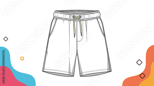 A black and white technical line drawing of casual drawstring shorts with side pockets for fashion design and apparel templates.