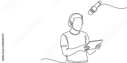 Continuous line drawing of a person recording a podcast with a microphone and headphones.