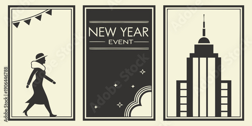Retro Urban New Year Event Poster Set – Vintage Silhouette, Cityscape Skyscraper, and Geometric Center Panel Design for 2027 Celebrations, Party Promotions, Invitations, and Festive Marketing