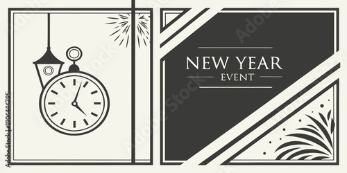 Minimalist Black and White New Year Event Poster – Elegant Midnight Clock, Fireworks, and Geometric Frame Design for 2027 Celebrations, Party Promotions, Invitations, and Festive Marketing Materials