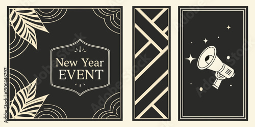 Elegant Art Deco New Year Event Banner Set – Black and Beige Minimalist Posters with Geometric Lines, Megaphone Icon, and Festive Decorative Frames for 2027 Celebrations and Promotional Marketing