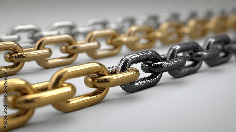 Obraz premium Three rows of metallic chains in gold, silver, and black, symbolizing strength and connection.