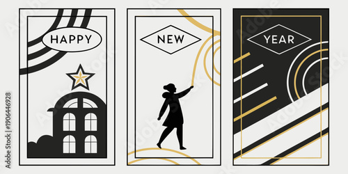 Happy New Year Panels – Black Gold Geometric Architecture Poster Set for Elegant Festive Branding, Modern Celebration Graphics, and Premium Minimal Design Assets