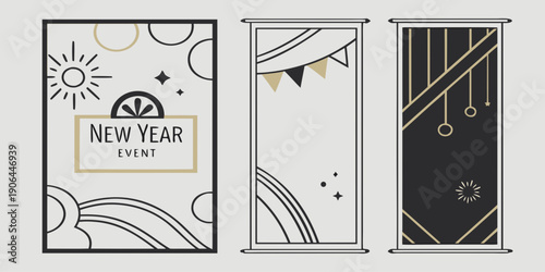 Geometric New Year Event Banners – Black Gold Modern Festive Poster Set with Sun Motifs, Pennant Flags, and Minimal Celebration Graphics for Premium Holiday Branding