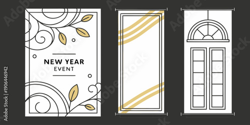 Elegant New Year Event Panels – Black Gold Minimal Geometric Poster Set with Decorative Swirls, Diagonal Accents, and Architectural Frames for Premium Festive Branding
