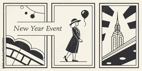 Art Deco New Year Event Panels – Black Gold Vintage Festive Poster Set with Silhouette, Balloon Motif, and Skyscraper Illustration for Premium Celebration Branding