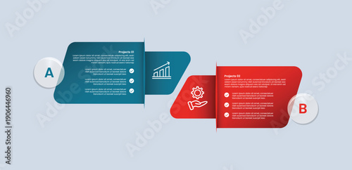2 points comparison for infographic with glossy gradient style with creative round rectangle big and small combination opposite direction with two point list information