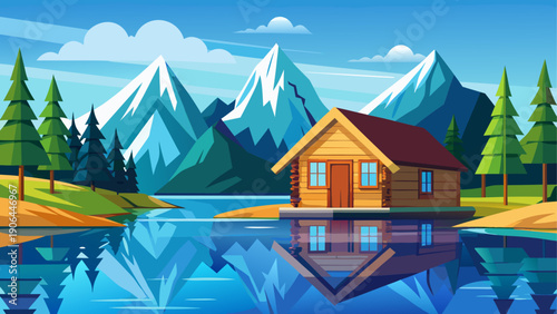 Minimal cartoon vector of a wooden cabin beside a mountain lake with reflections and clean flat design
