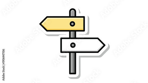 Minimalist sticker-style icon of a wooden signpost with two blank arrows pointing left and right, symbolizing choices, decisions, guidance, and navigation on a journey.