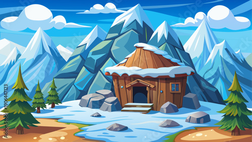 Cartoon vector illustration of a stone mountain shelter surrounded by snow and tall peaks in flat style