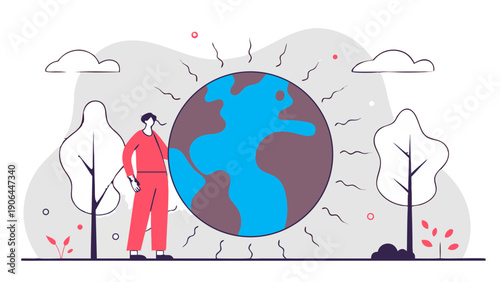 A person standing next to a giant globe illustration showing continents, surrounded by trees and clouds in a simple graphic style from a straightforward viewpoint