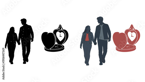 A couple walking hand in hand with heart shaped clocks