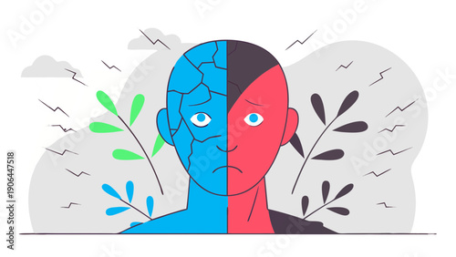Bipolar disorder mental health split face illustration vector
