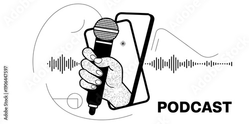 Black and white illustration of a hand holding a microphone for a mobile podcast concept