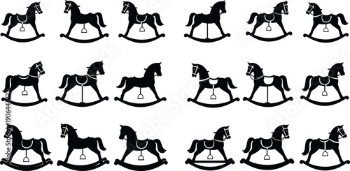 Set of eighteen black rocking horse silhouettes isolated on white background for nursery decoration and vintage toy vector illustration design.