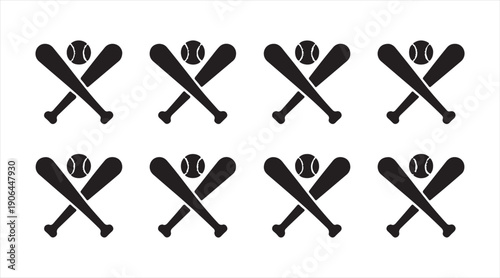 Crossed baseball bat and ball silhouette icons for sport competition and teams
