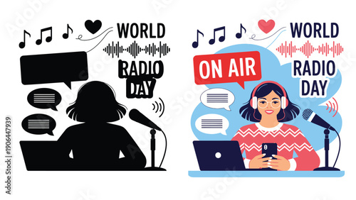 A graphic illustration celebrating World Radio Day with radio hosts broadcasting