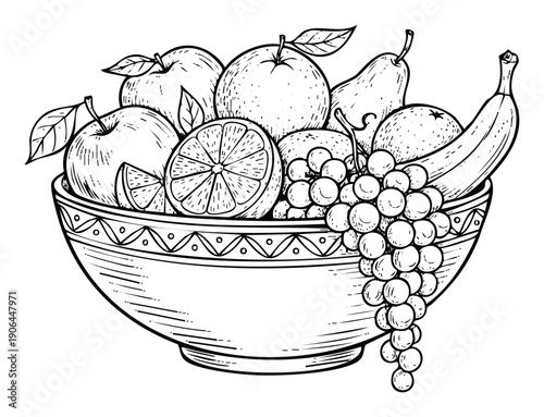 Detailed black and white engraving style drawing of a fruit bowl filled with fresh apples, juicy oranges, sweet grapes, a ripe banana, and a crisp pear, suitable for wellness and diet