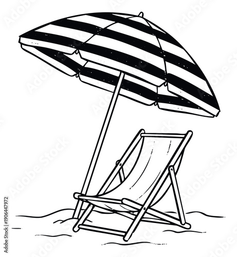 Classic striped beach umbrella and comfortable wooden deck chair set up on sandy ground for summer vacation recreation travel advertising and holiday resort promotions