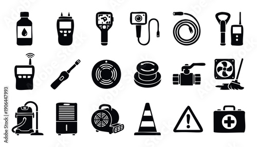 Comprehensive collection of property inspection and home maintenance tools and safety equipment icons for professional service websites and repair guides