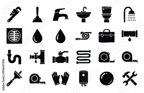 Comprehensive plumbing and water system icons for professional service advertisements and household repair guides illustrating essential tools and fixtures