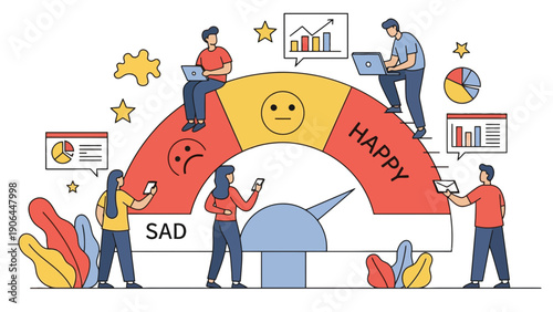 A group of people standing around a large mood meter gauge