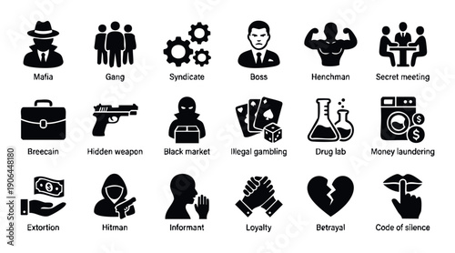 A comprehensive collection of organized crime and illegal activities icons, featuring mafia figures, illicit operations, and criminal concepts for various digital and print applications