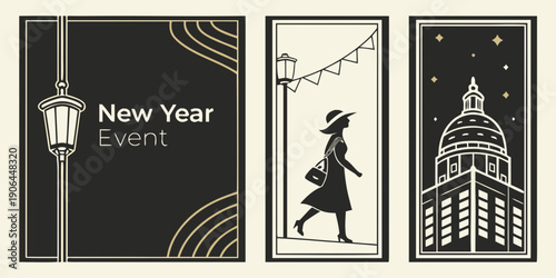 Art Deco New Year Event Panels – Black Gold Geometric Festive Poster Set with Street Lamp, Silhouette, and Night Architecture for Premium Celebration Branding