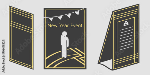 Modern New Year Event Flyer Set – Black Gold Minimal Geometric Poster with Silhouette Illustration and Elegant Folded Layout for Premium Festive Branding