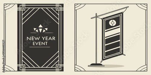 Art Deco New Year Event Panels – Black Gold Geometric Banner and Hanging Flag Set for Elegant Festive Branding, Modern Celebration Graphics, and Premium Minimal Design Assets